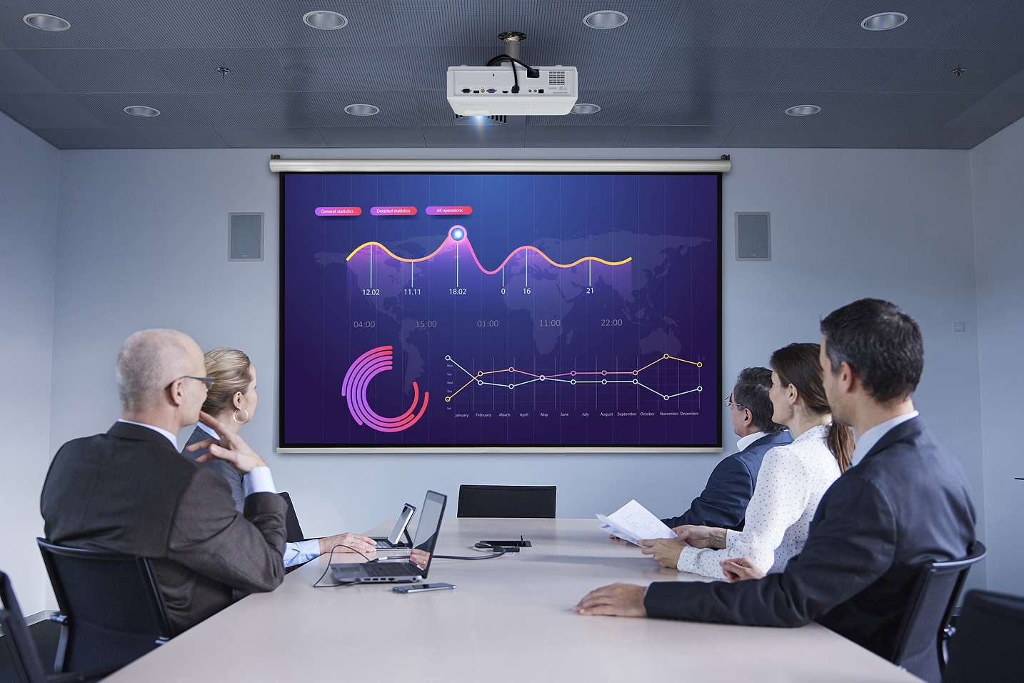 Businessmen and women watching office conference call