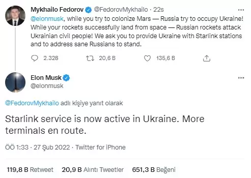 “SpaceX Starlink” Ukrayna’da Aktif Edildi