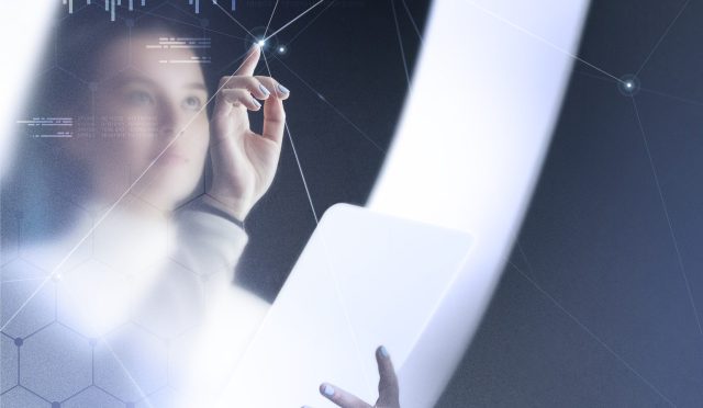 Futuristic networking technology remix with woman using virtual
