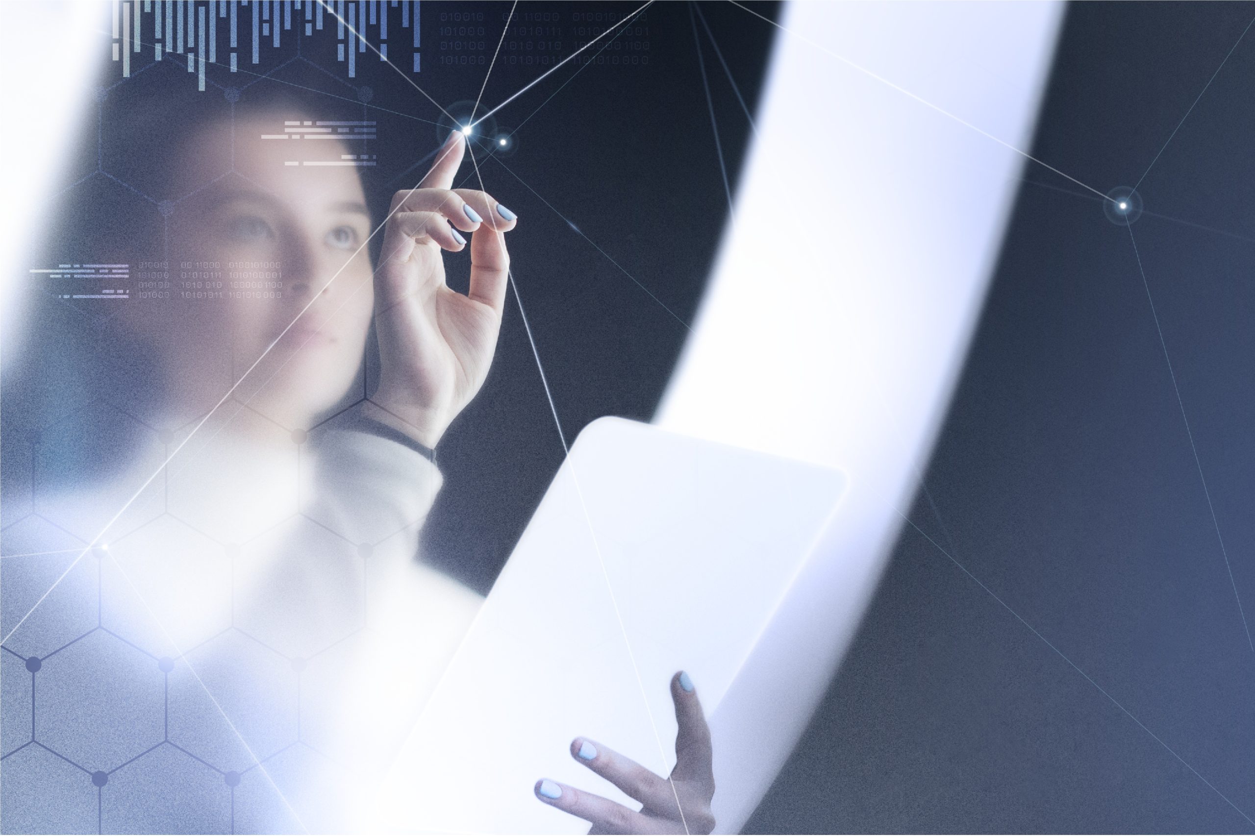 Futuristic networking technology remix with woman using virtual