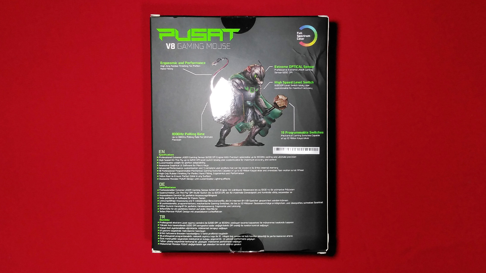 Pusat V8 Gaming Mouse kutusu arka yüzü