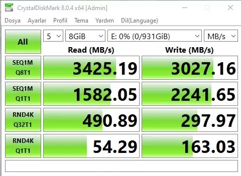 LEGEND 750 SSD CrystalDiskMark testi