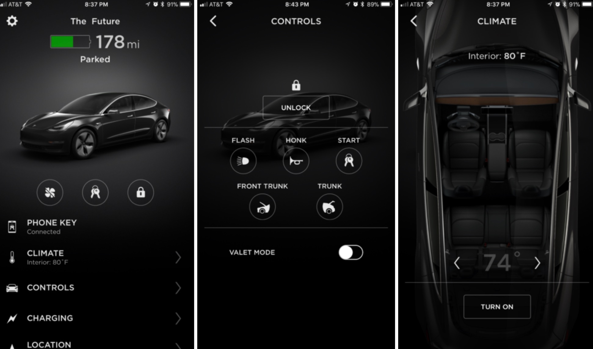 tesla model 3 app screenshots