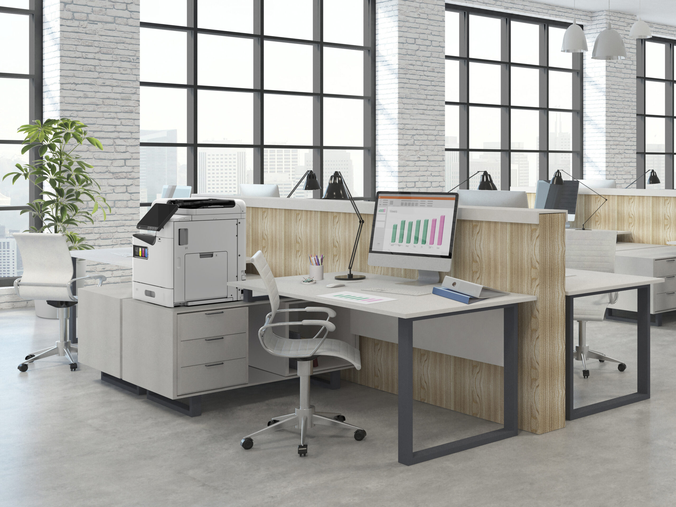 Modern,White,Brick,Coworking,Office,Interior,With,Furniture,,Equipment,And