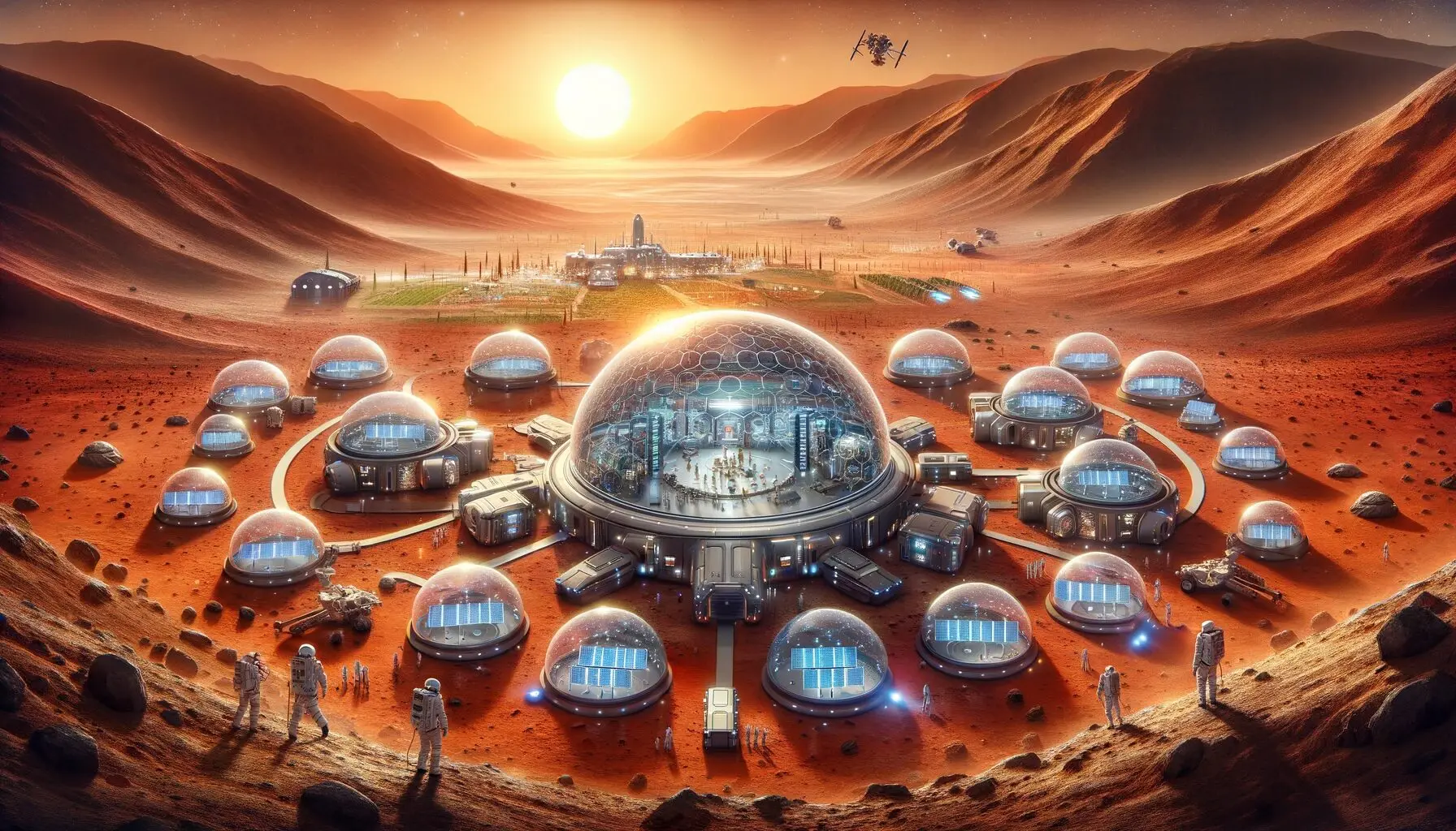 DALL·E 2023 12 13 19.34.12 A futuristic Mars colony with domed habitats interconnected tunnels and a backdrop of the Martian landscape showcasing advanced technology and a hu jpg