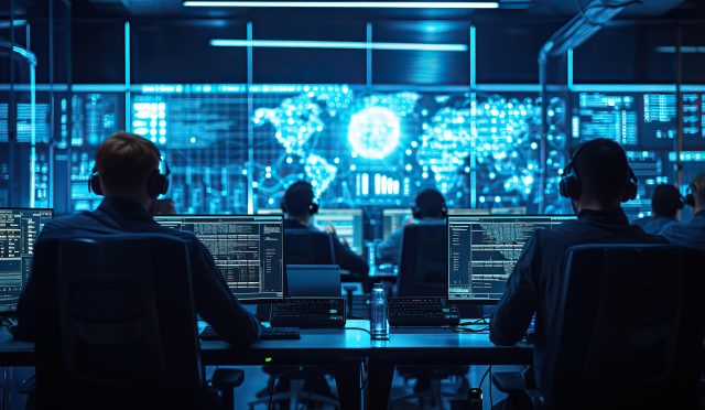 Specialists monitor data on screens in a network operations center, safeguarding against cyber threats in a secure, high-tech environment.