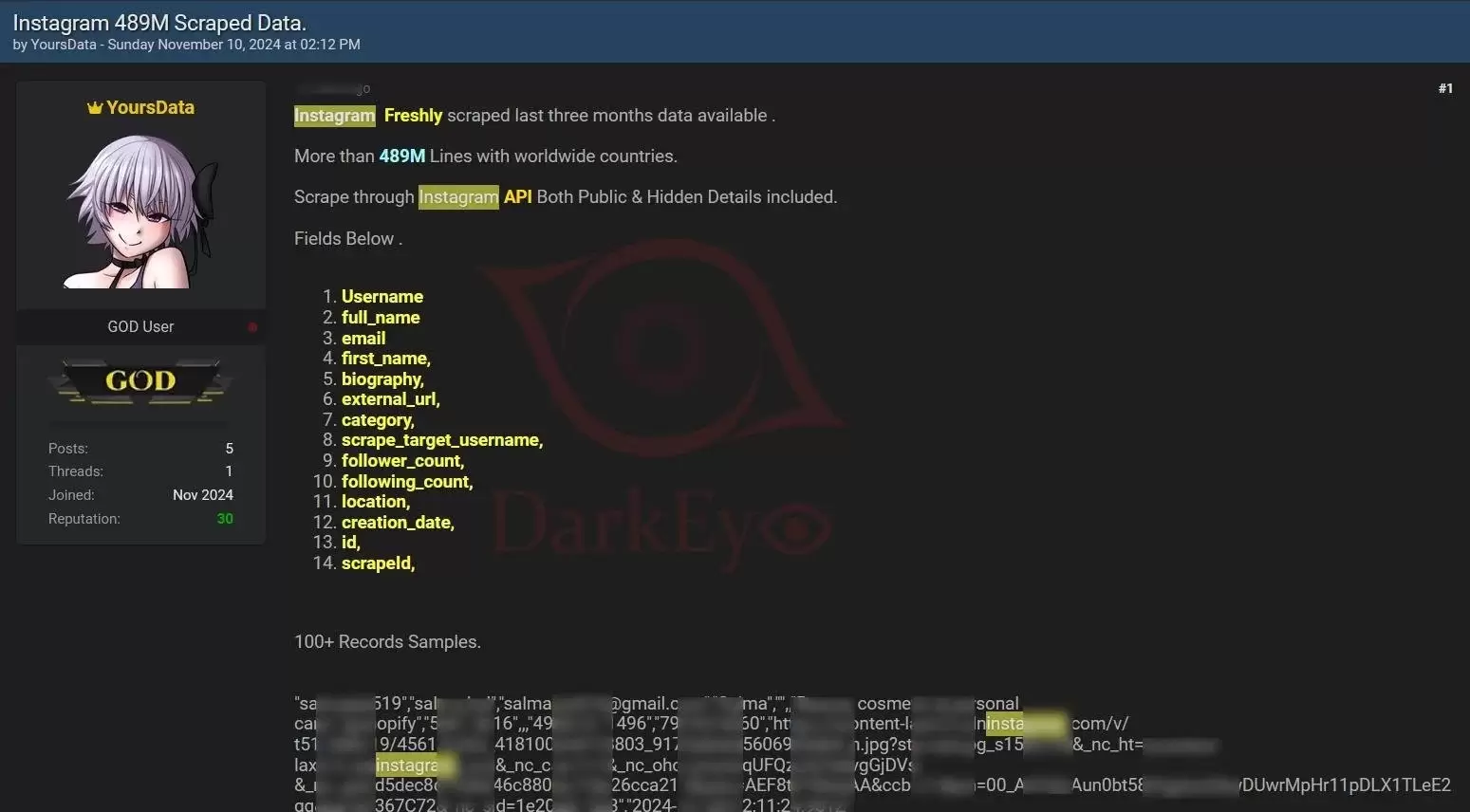 instagram veri sizintisi darkweb